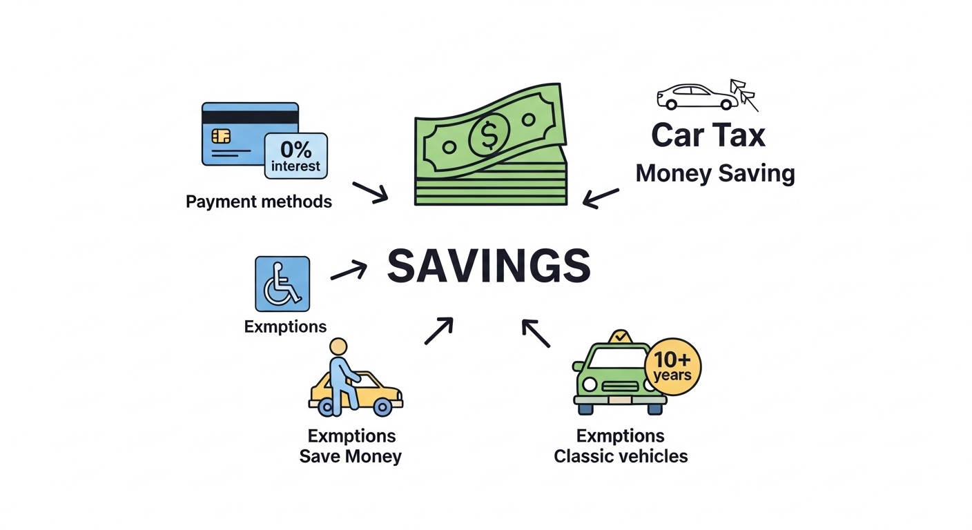 신용카드, 장애인 혜택 아이콘, 10년 이상 된 오래된 차가 그려진 그림. 자동차세 절세 팁 3가지를 시각적으로 보여줍니다.