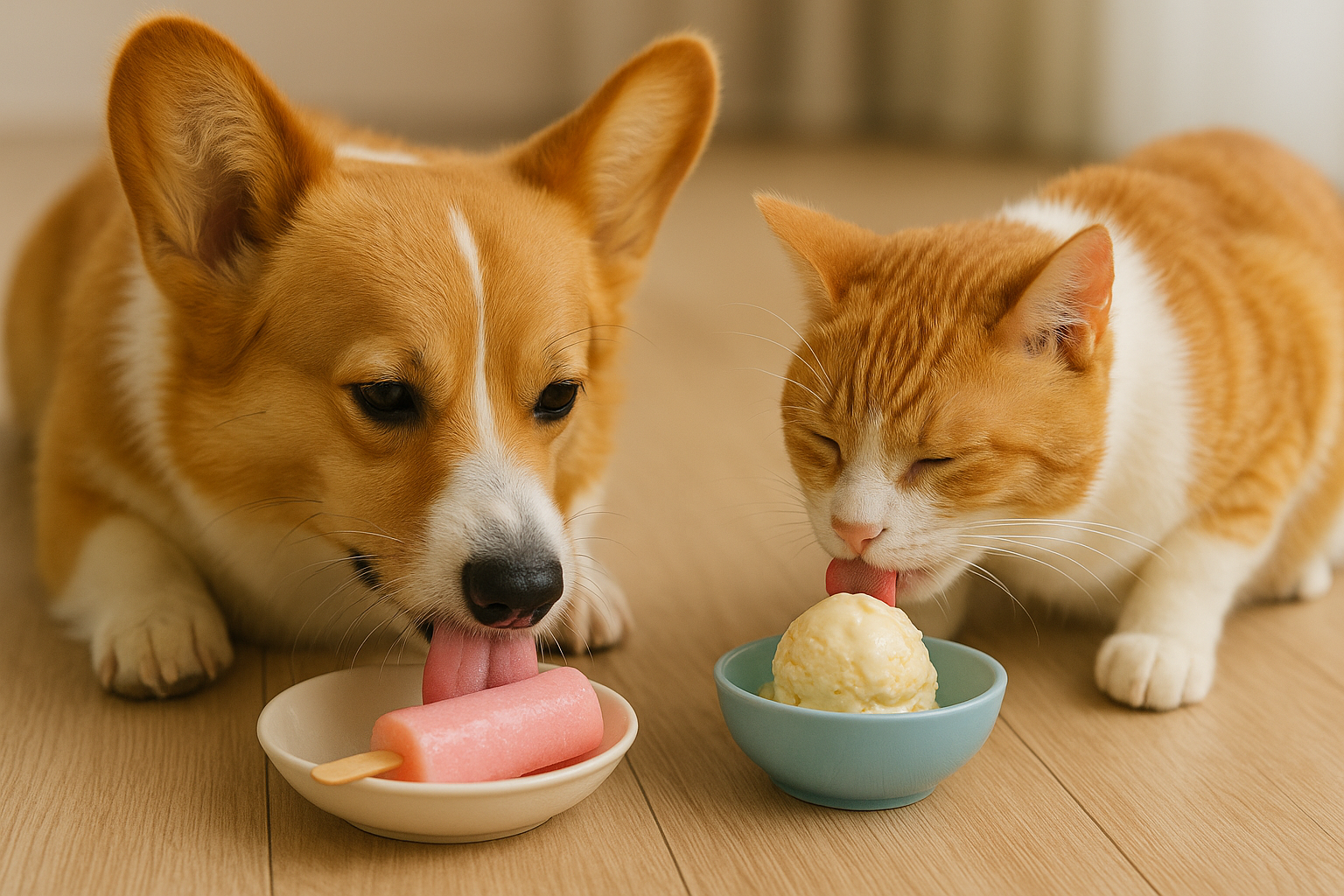 여름철 시원한 간식을 즐기는 반려동물의 모습