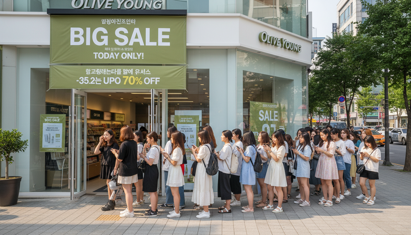 6월 올영세일 첫날 서울 시내 올리브영 매장 앞에 줄을 서서 입장을 기다리는 사람들과 세일 안내 홍보물 전경