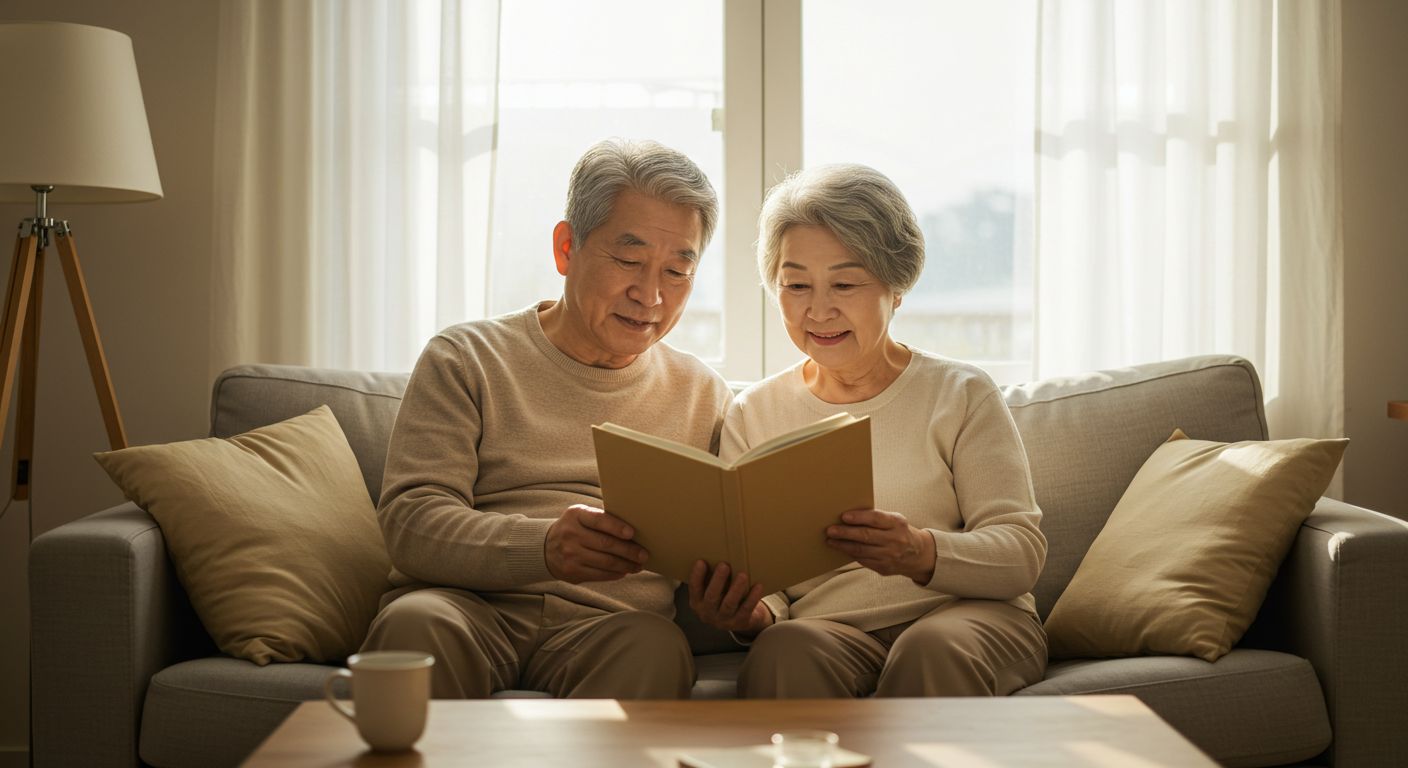 햇살 아래 책 읽는 노부부