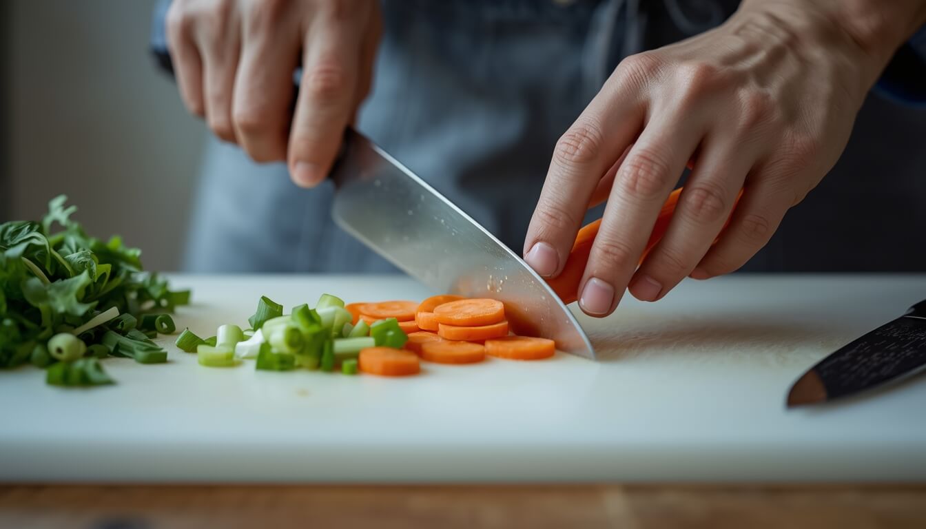 세척 후 당근 껍질을 벗기고 대파를 손질하는 모습