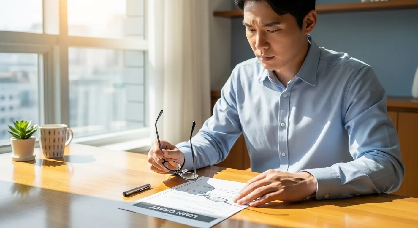 밝은 표정의 한국인 사용자가 대출 계약서를 신중하게 검토하며 서명하는 모습
