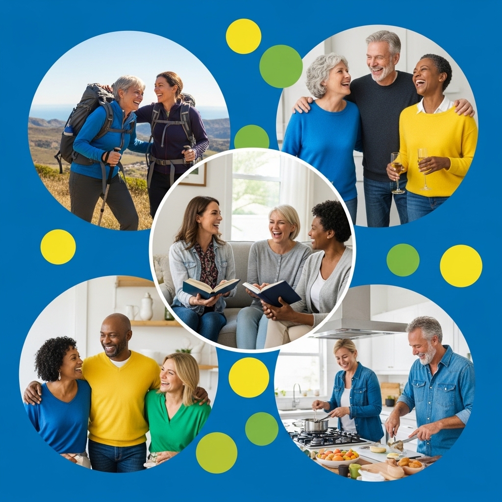 다양한 중년들이 함께 웃고 활동하며 즐거워하는 모습, 활기찬 소셜 커뮤니티를 통한 행복한 중년의 삶.