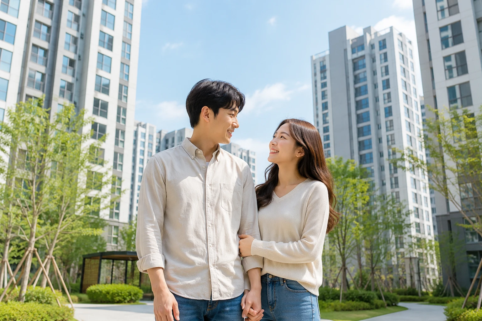 신축 아파트 단지 앞에서 밝은 미소로 서로를 바라보며 내 집 마련의 꿈을 계획하는 청년 부부 모습