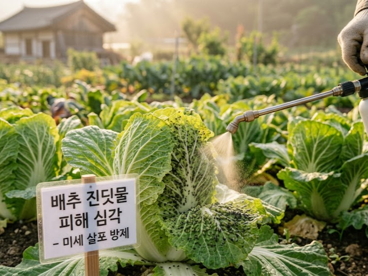 배추 잎을 들어 올려 잎 뒷면과 속잎 깊숙한 곳까지 노즐을 넣어 약제를 살포하는 모습