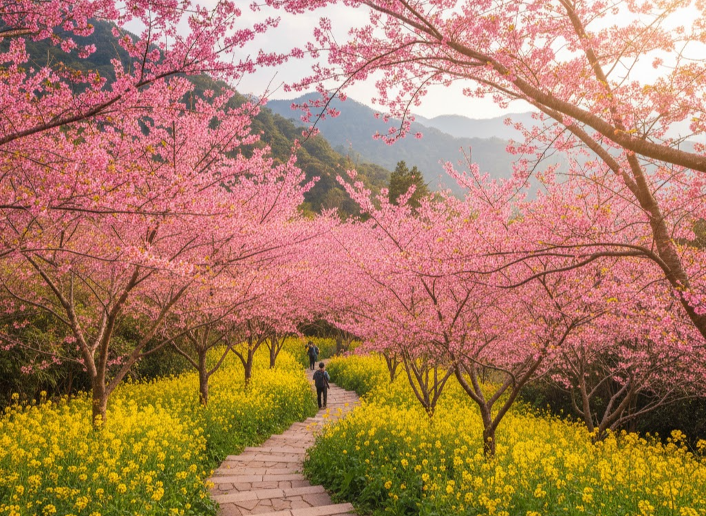 양밍산의 벚꽃과 유채꽃이 어우러진 등산로