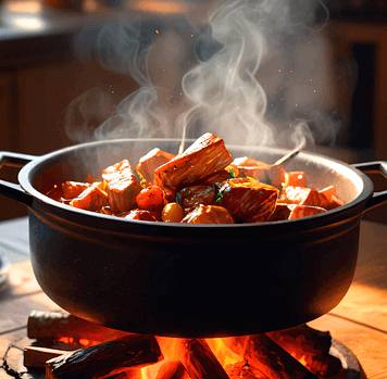 둥그런 검정 남비가 장작불 위에 올려졌다. 고기들이 가득한 국을 끓이고 있고 하얀 연기가 올라온다.