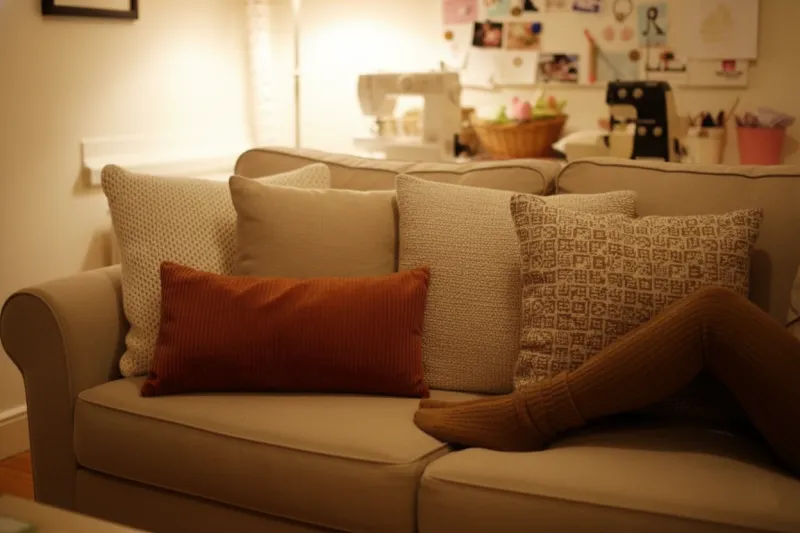 홀수 법칙에 따라 3개와 2개 그룹으로 풍성하게 배치된 베이지 소파 쿠션