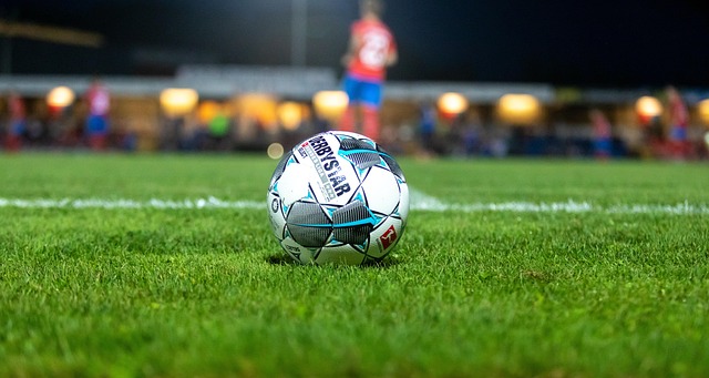 축구 경기장에 축구공이 놓여있는 모습