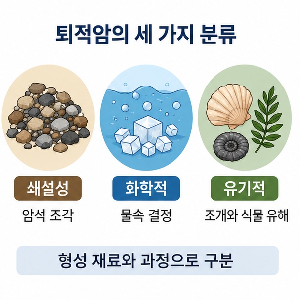 퇴적암을 쇄설성, 화학적, 유기적 퇴적암으로 나누는 기본적인 분류 방법을 설명한 이미지