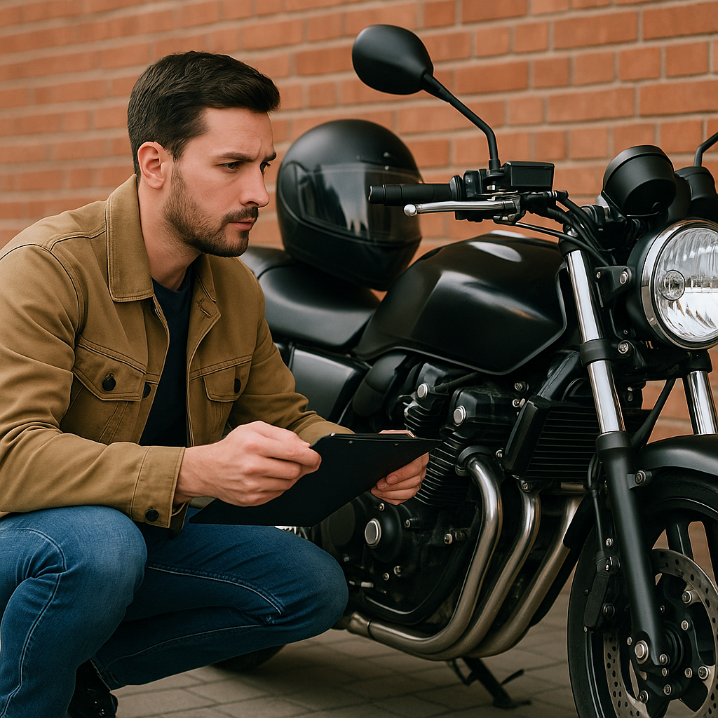 중고 오토바이를 살펴보는 장면 또는 점검 중인 바이크