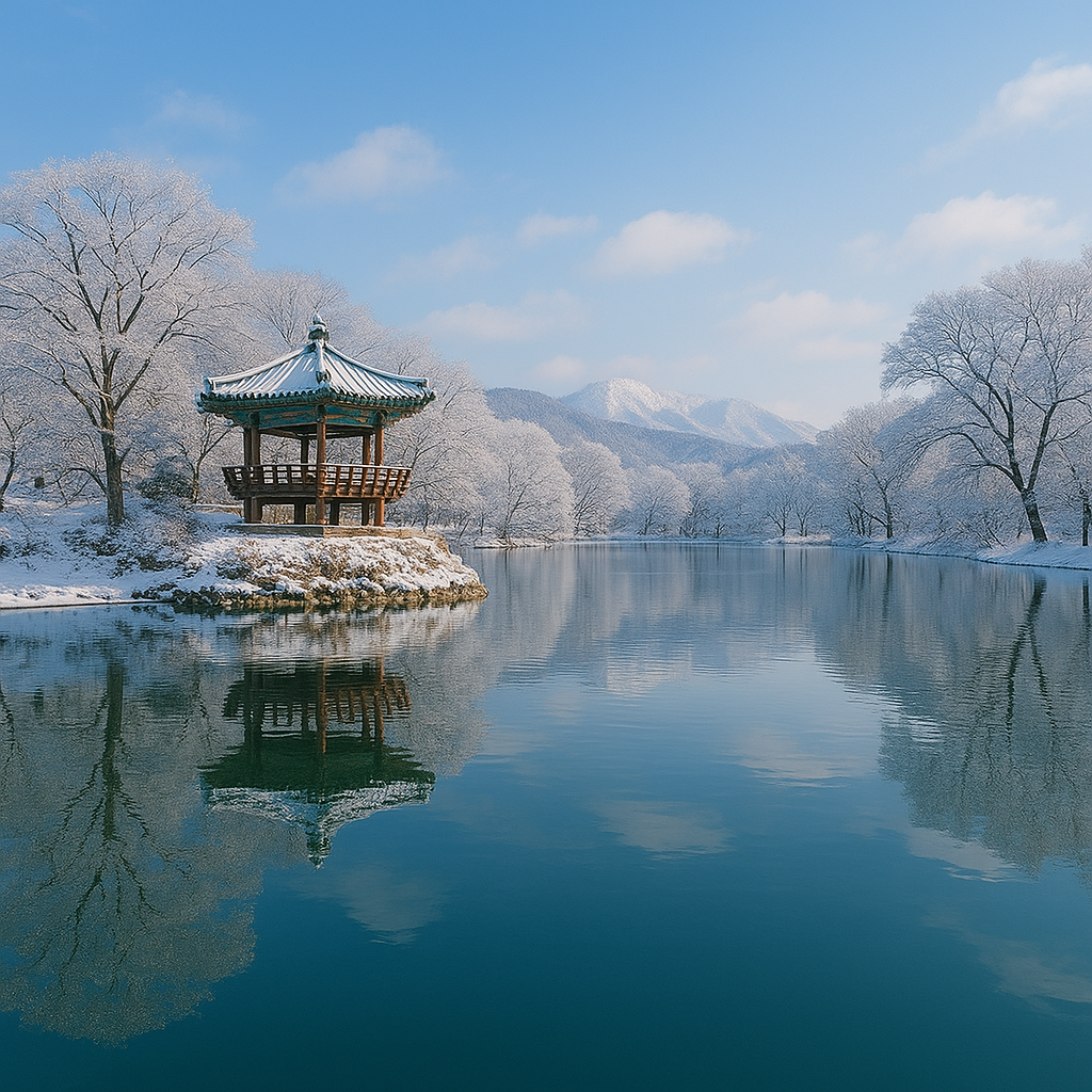 충북 제천 ‘의림지 설경’ — 호수 위 눈꽃 반영