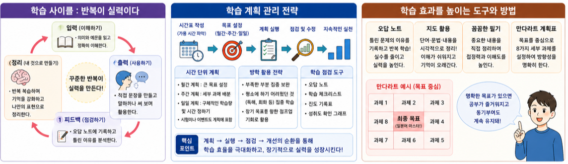 효율적인 일본어 공부를 위한 학습 사이클(입력, 출력, 피드백, 정리), 계획 관리 전략 및 만다라트 계획표 활용 방법 안내 이미지