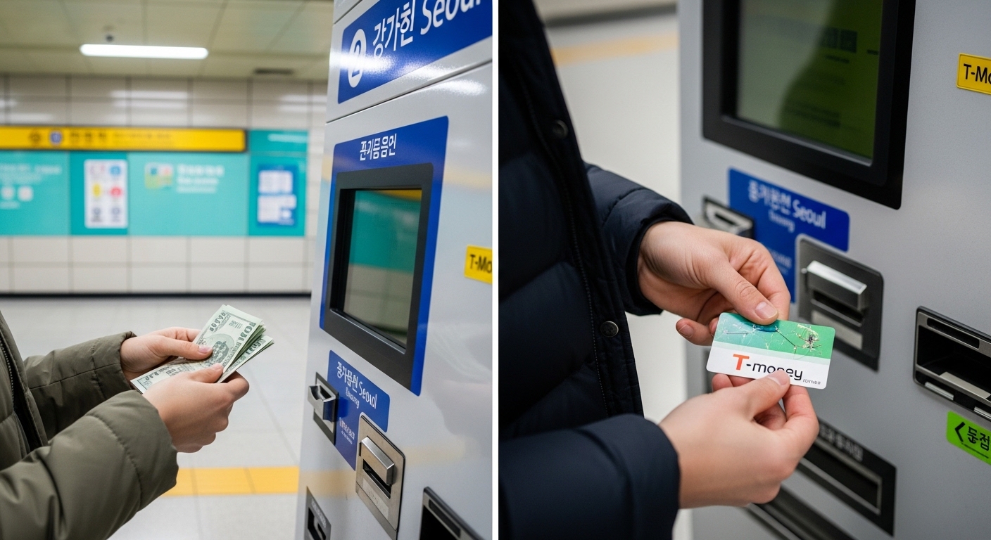 Foreign traveler recharging T-money card at Seoul subway station using cash