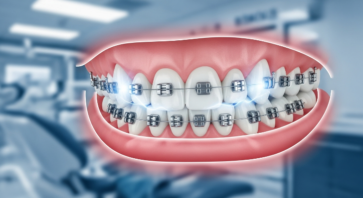 교정 장치가 부착된 가지런한 치아와 건강한 잇몸을 보여주는 이미지. 예방 치과의 중요성을 강조하며, 깨끗하고 안정적인 구강 상태를 상징합니다.