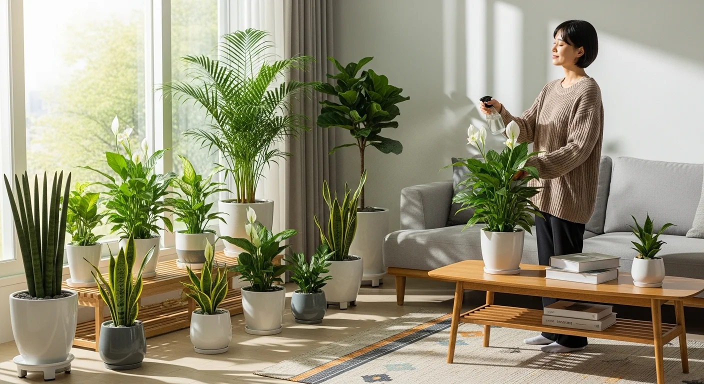 화사한 봄날, 다양한 공기 정화 식물로 가득 찬 현대적인 한국 거실에서 한 사람이 식물을 돌보고 있는 모습. 알레르기 비염 완화에 도움이 되는 실내 식물들.