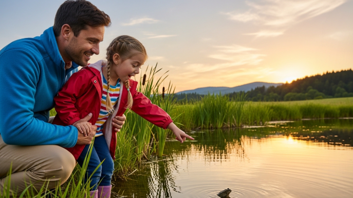 자녀와 함께 습지에서 두꺼비를 관찰하며 생태 교육을 하는 부모의 모습
