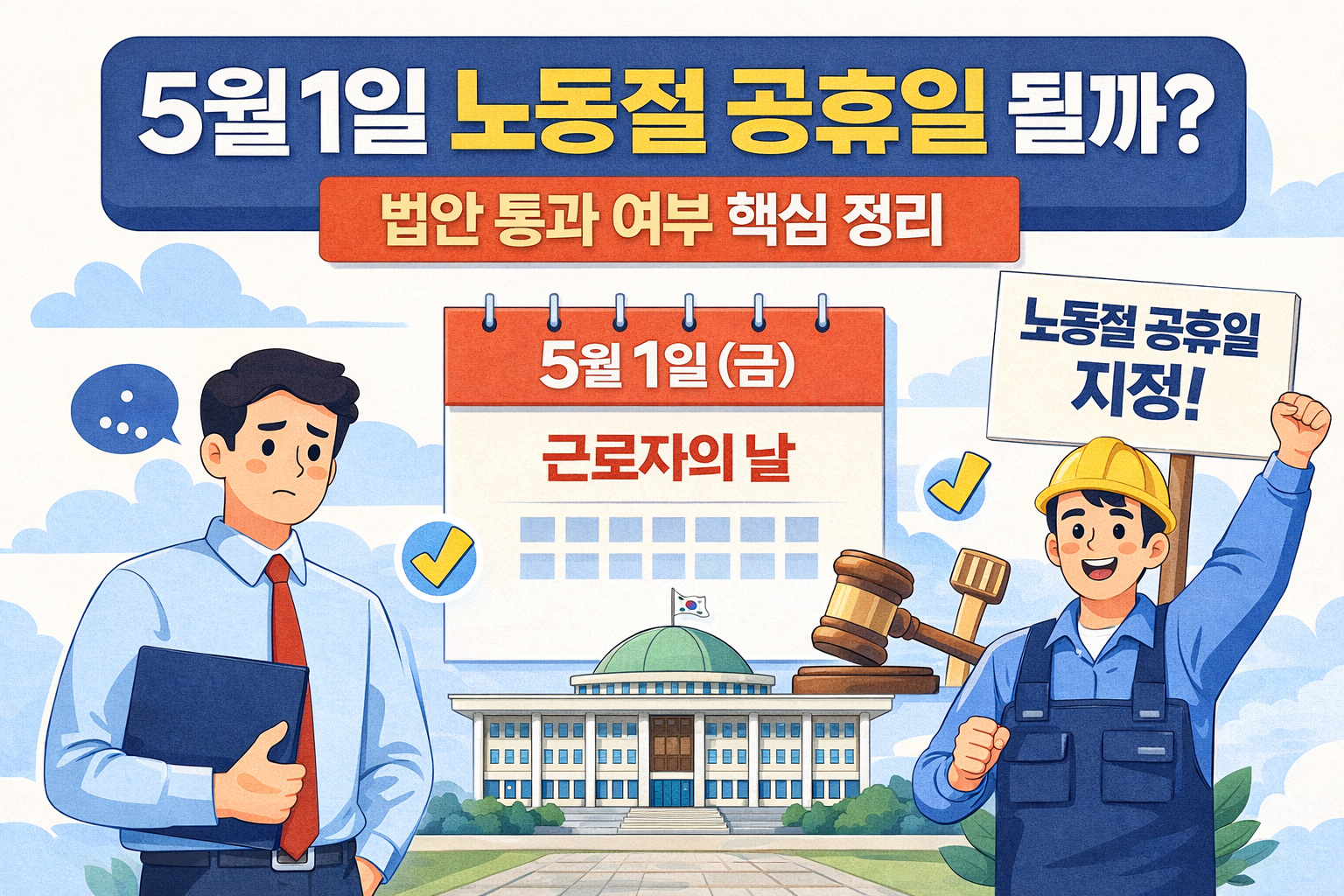 2026년 5월 1일 노동절 공휴일 여부와 근로자의 날 법안 통과 상황을 설명하는 일러스트 이미지