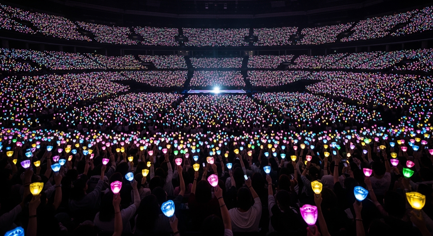 연말 시상식에서 응원봉을 들고 아티스트를 응원하는 팬들의 모습