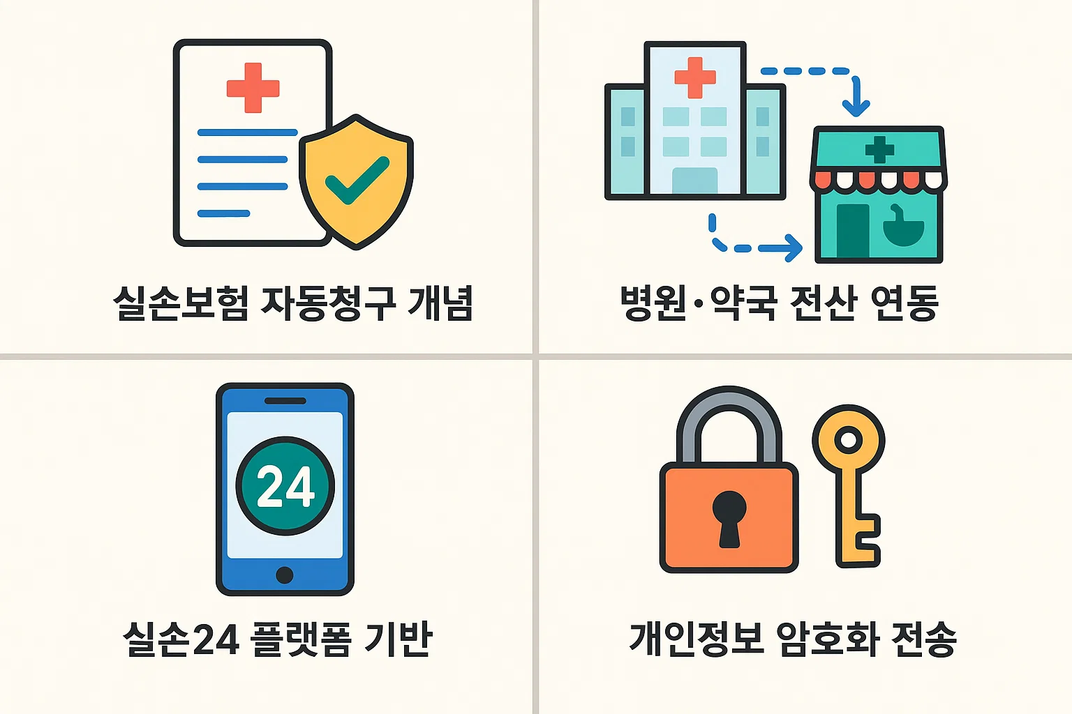 실손보험 자동청구 제도의 구조, 병원·약국 연동 방식, 개인정보 암호화 전송 등 주요 시스템 흐름을 설명한 인포그래픽.