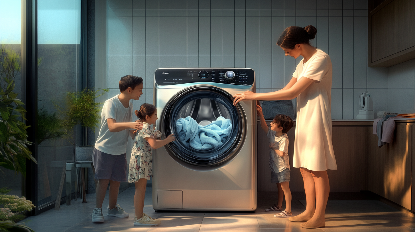 편리함과 에너지 효율성이 느껴지는 현대 기술의 AI 세탁기를 사용하는 가족의 예술적 표현