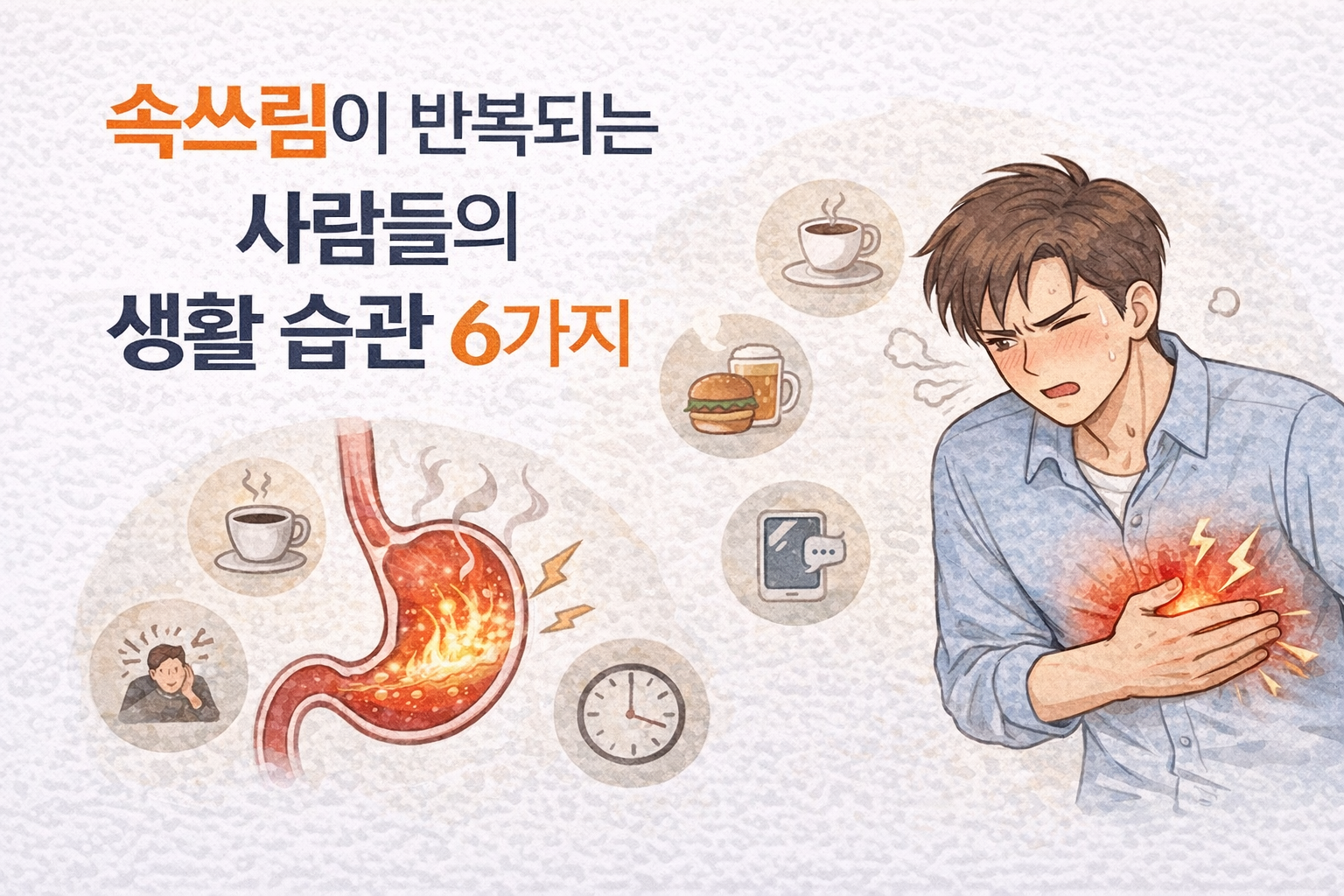 속쓰림이 반복되는 사람들의 생활 습관을 설명하는 위장 건강 일러스트 이미지, 위산 역류와 위염 증상을 표현한 그림