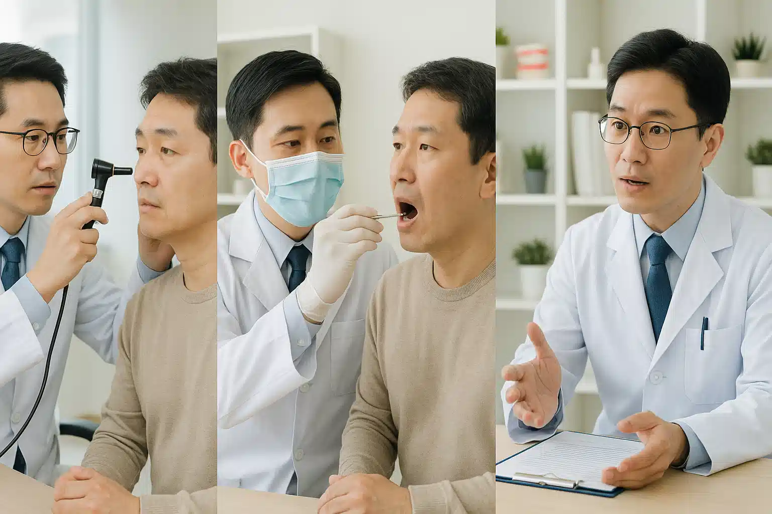 병원을 방문해 이비인후과·치과·신경과 의사와 상담하는 40대 성인