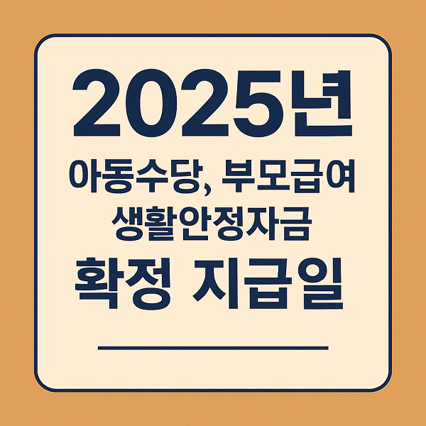2025년 아동수당, 부모급여, 생활안정자금의 확정 지급일을 강조한 서브 문구 이미지. 정부지원금 핵심 일정 정보를 미리 보여줌