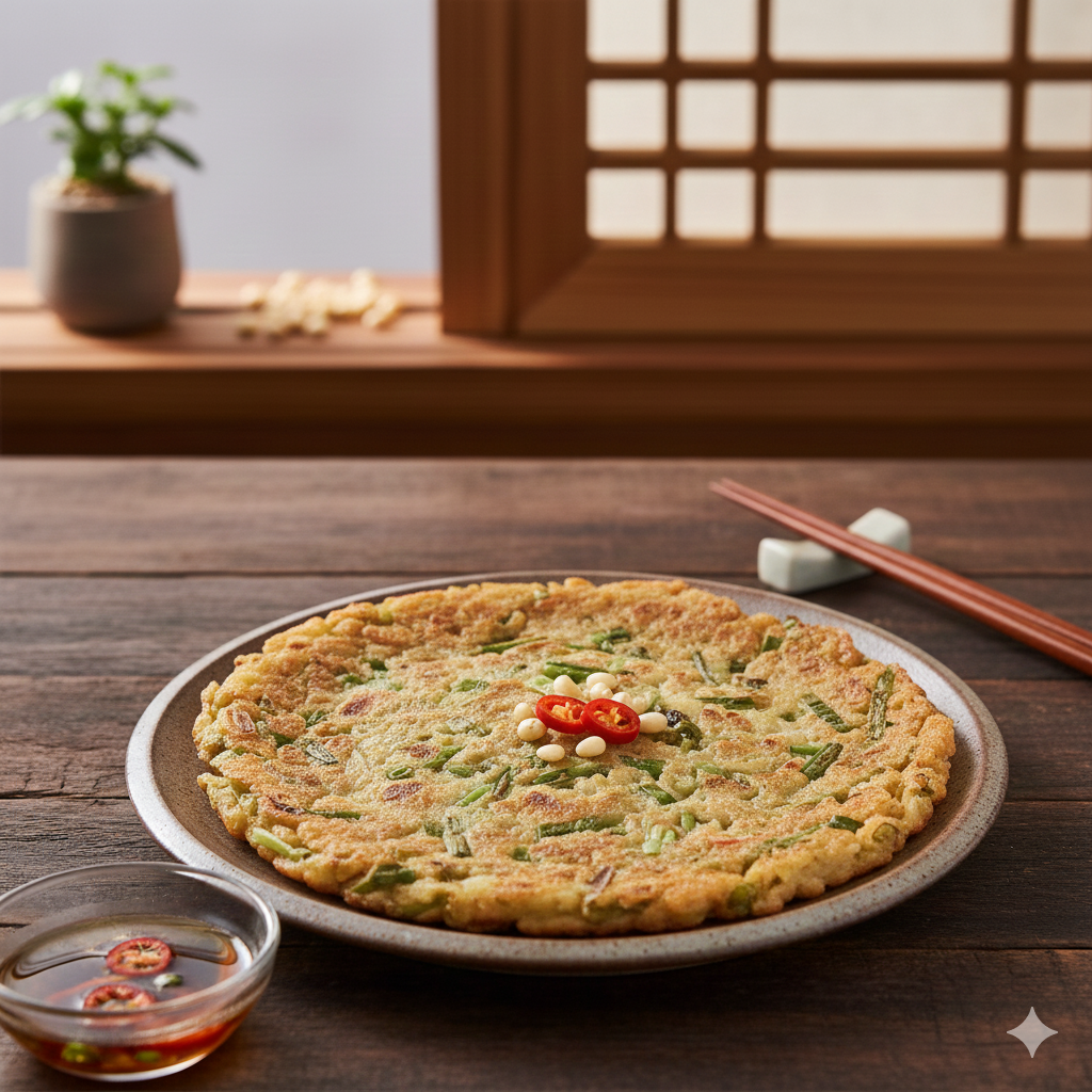 팬 위에서 기름에 노릇하게 구워져 겉바속촉의 식감이 느껴지는 두툼한 녹두전