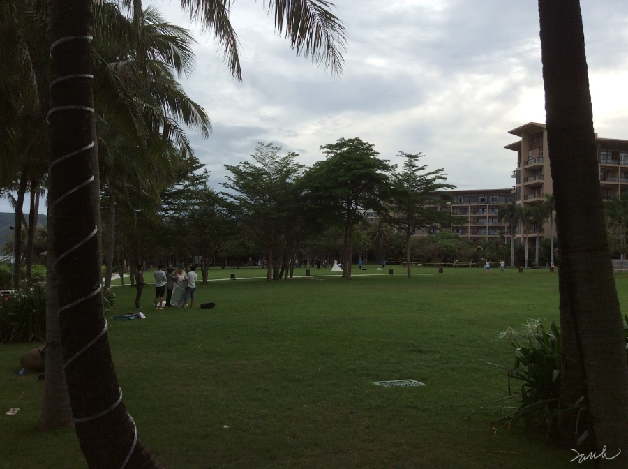 호텔정원에서 웨딩 촬영 중인 사람들