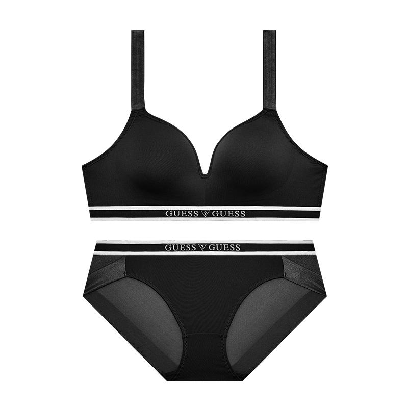 게스언더웨어 GUESS UNDERWEAR 에어로쿨 로고 아웃밴드 노와이어 브라 팬티 블랙아이보리