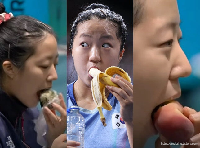 신유빈 선수가 경기 쉬는시간에 먹방하는 모습입니다.