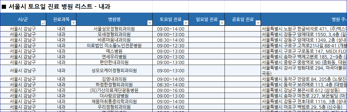 서울시-토요일-진료병원-리스트-예시