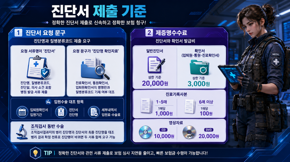 진단서 제출 기준, 요청 문구별 제출 서류, 제증명수수료를 정리한 16:9 인포그래픽