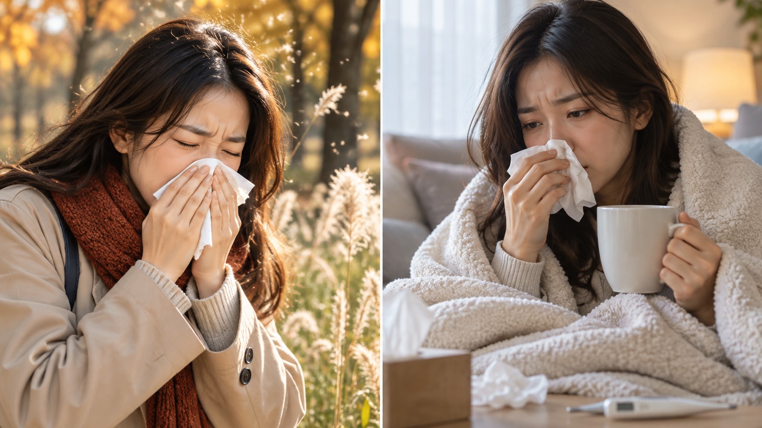 가을 야외 알레르기 증상과 실내 감기 증상을 비교한 장면