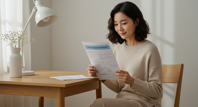 설문지를 보며 우울증 자가진단을 하는 한국인 여성