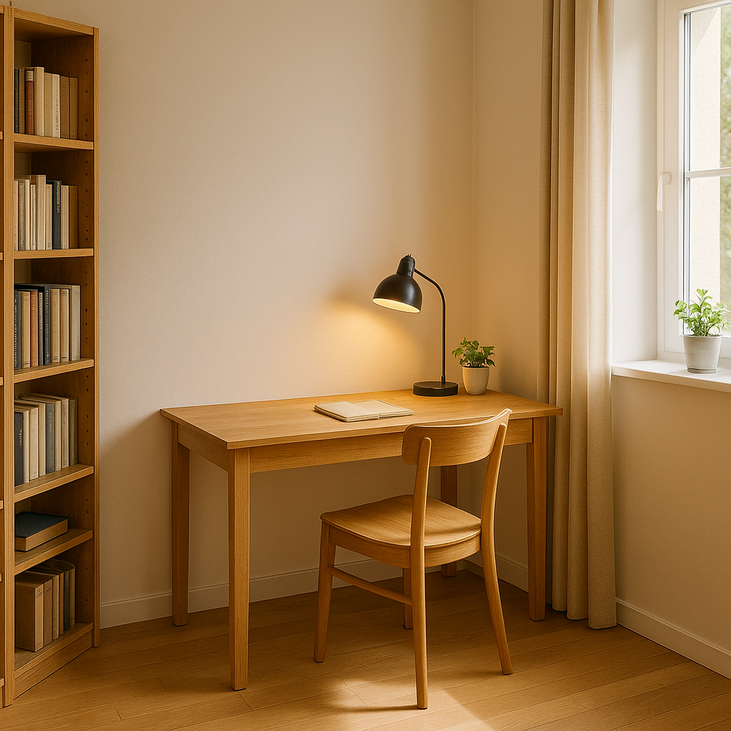 벽을 등지고 창문이 옆에 있는 구조의 서재 책상 배치