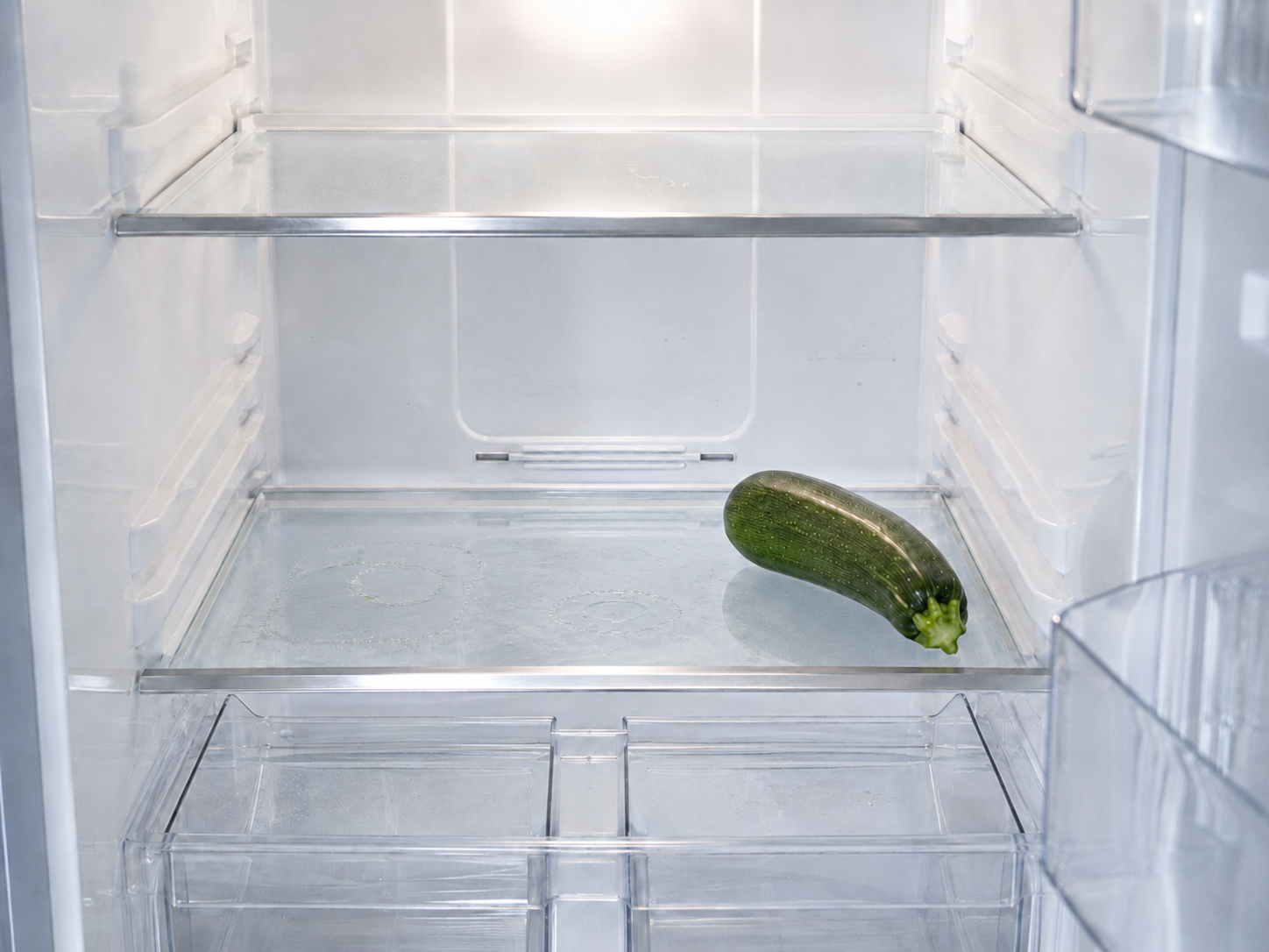 식재료가 거의 다 비워지고 깨끗하게 정리된 냉장고 내부 선반 위에 애호박 하나가 놓여 있는 모습