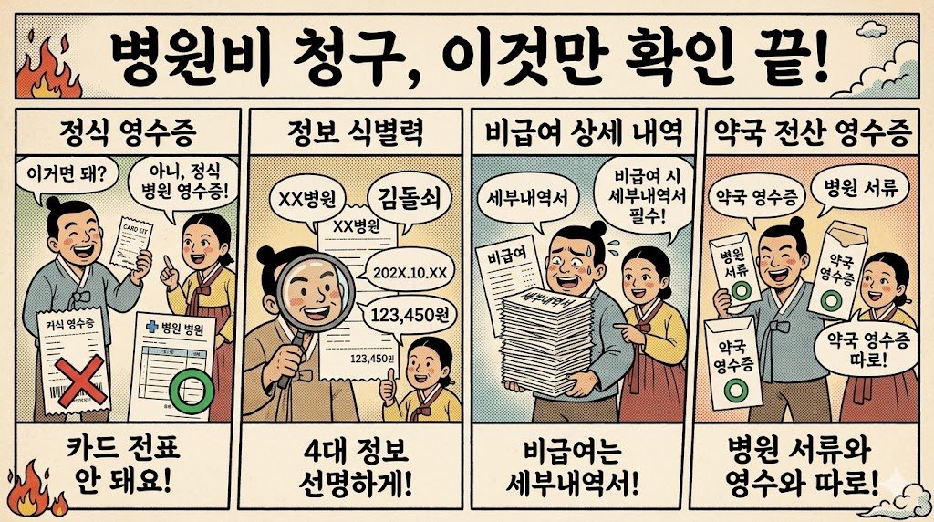 병원 영수증, 세부내역서, 약국 영수증을 구분하고 제출 전 최종 점검해야 할 핵심 요소 정리 이미지