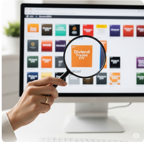수많은 배당금 ETF들을 상징하는 돋보기로 특정 ETF를 들여다보고 있는 손. 현명한 선택과 옥석 가리기를 나타낸 이미지