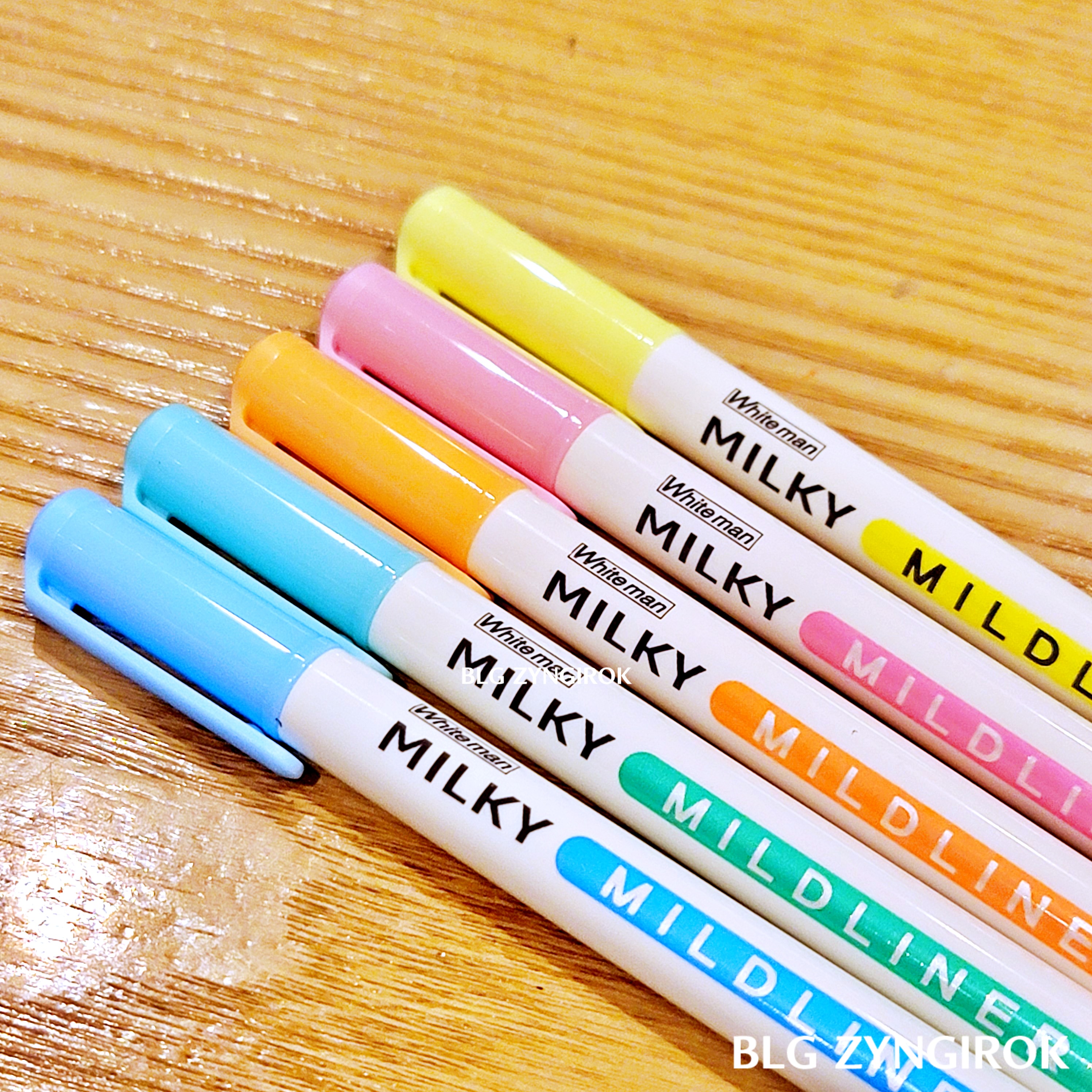 다이소 - 밀키 마일드 라이너 형광펜 5자루가 나란히 놓여있다.