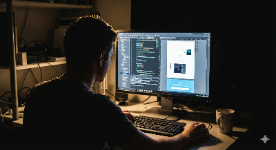 어두운 방 안에서 오로지 모니터 불빛 하나에 의지해 작업에 몰두하고 있는 사람의 뒷모습