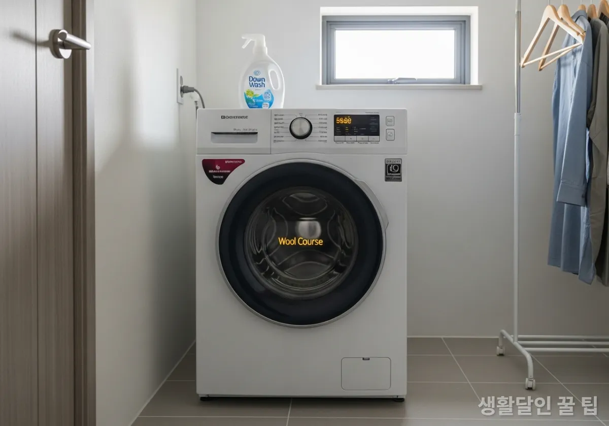 한국 세탁실의 드럼 세탁기 위에 패딩 전용 중성세제가 놓여 있고 울코스가 설정된 모습