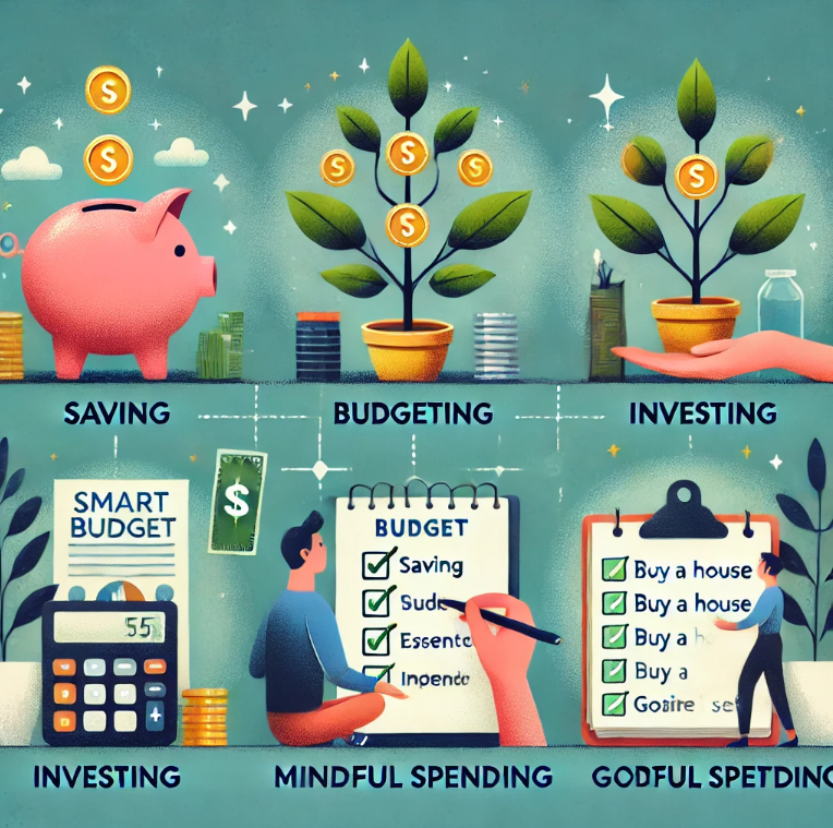 경제관념을 키우는 5가지 실천법을 나타낸 그림 (저축, 예산관리, 투자, 소비절제, 목표설정)