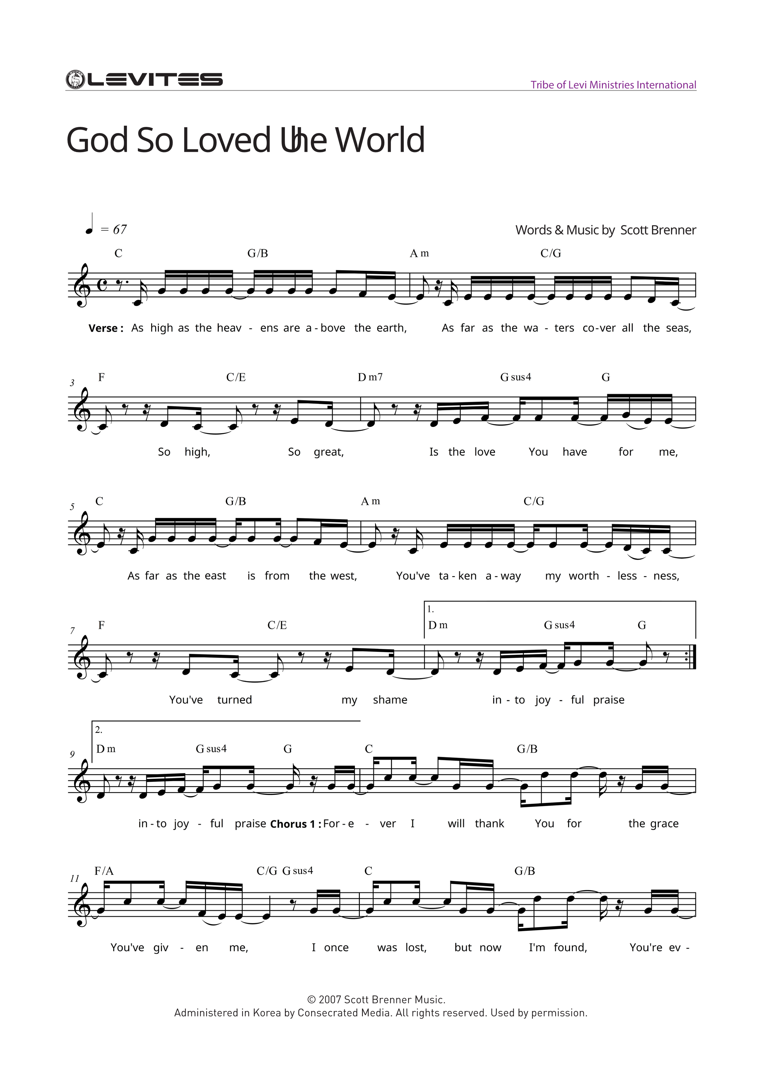 스캇브래너(Scott Brenner)&#44; 레위지파 - God So Loved the World 악보