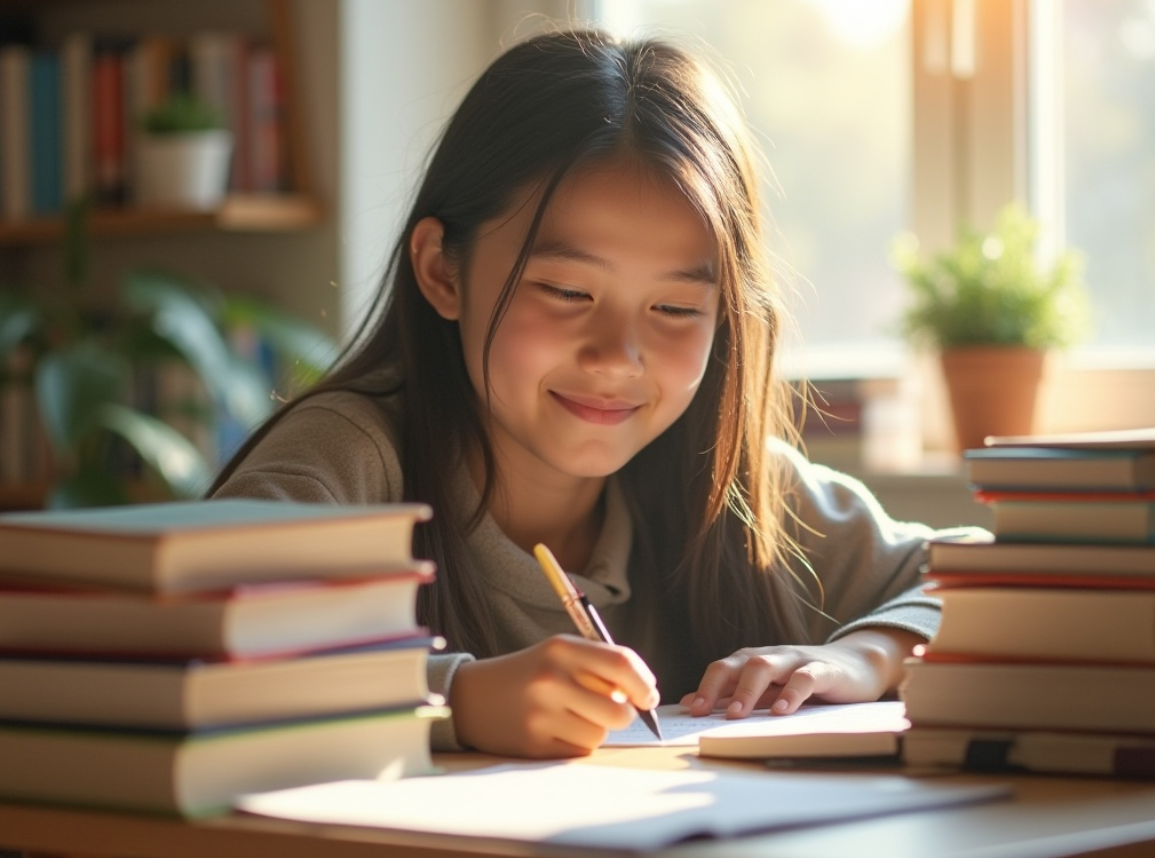 밝은 표정으로 공부하는 학생