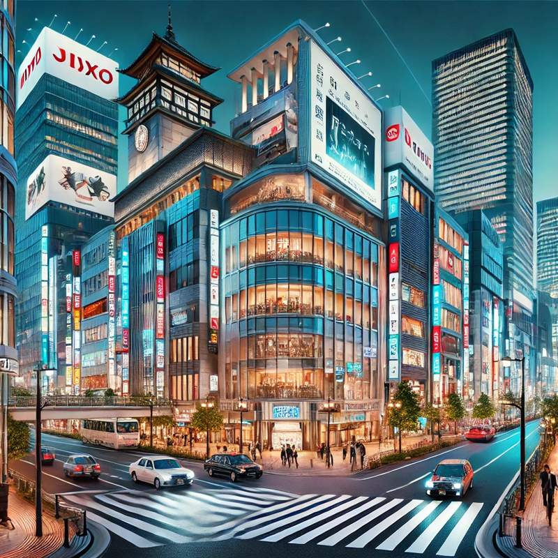 A realistic depiction of a modern Japanese urban cityscape featuring sleek skyscrapers, 일본 도심 이미지