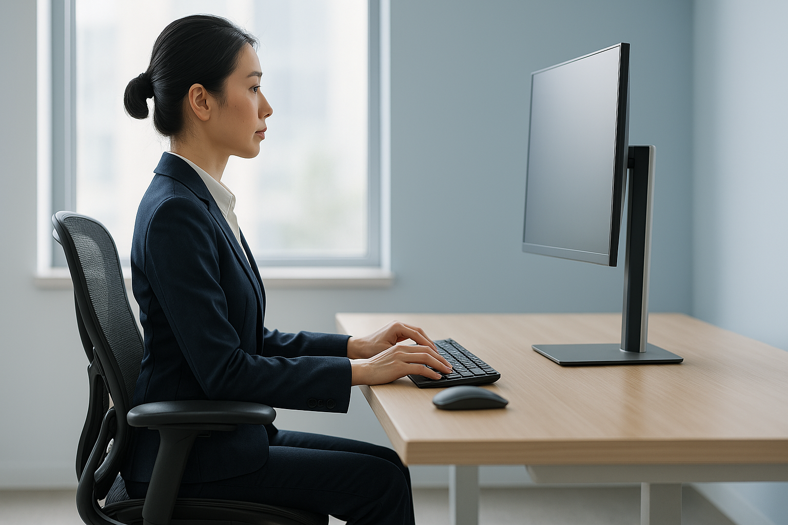 올바른 자세로 컴퓨터를 사용하는 사람