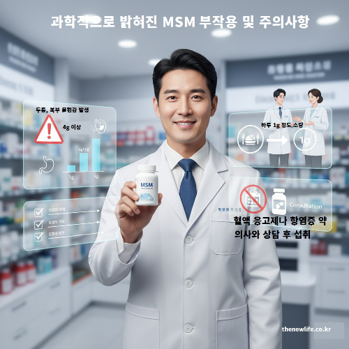 약사가 MSM 보충제를 들고 미소 짓는 장면으로, 고용량 섭취 시 부작용으로 두통이나 복부 불편감 발생 가능성과 혈액 응고제 복용 시 의사 상담이 필요함을 시각적으로 설명한 이미지.