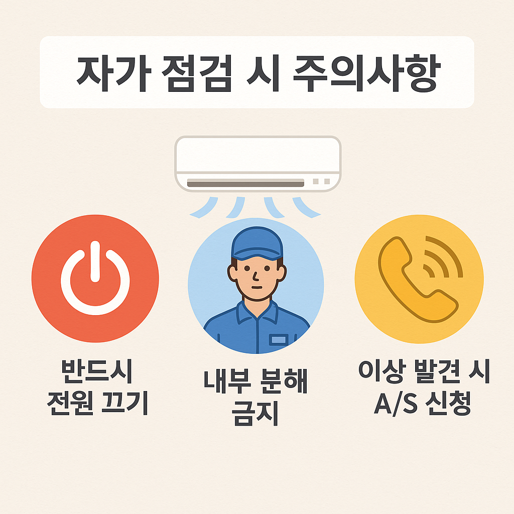 에어컨 자가 점검 시 주의사항 – 분해 금지, 전원 차단 안내